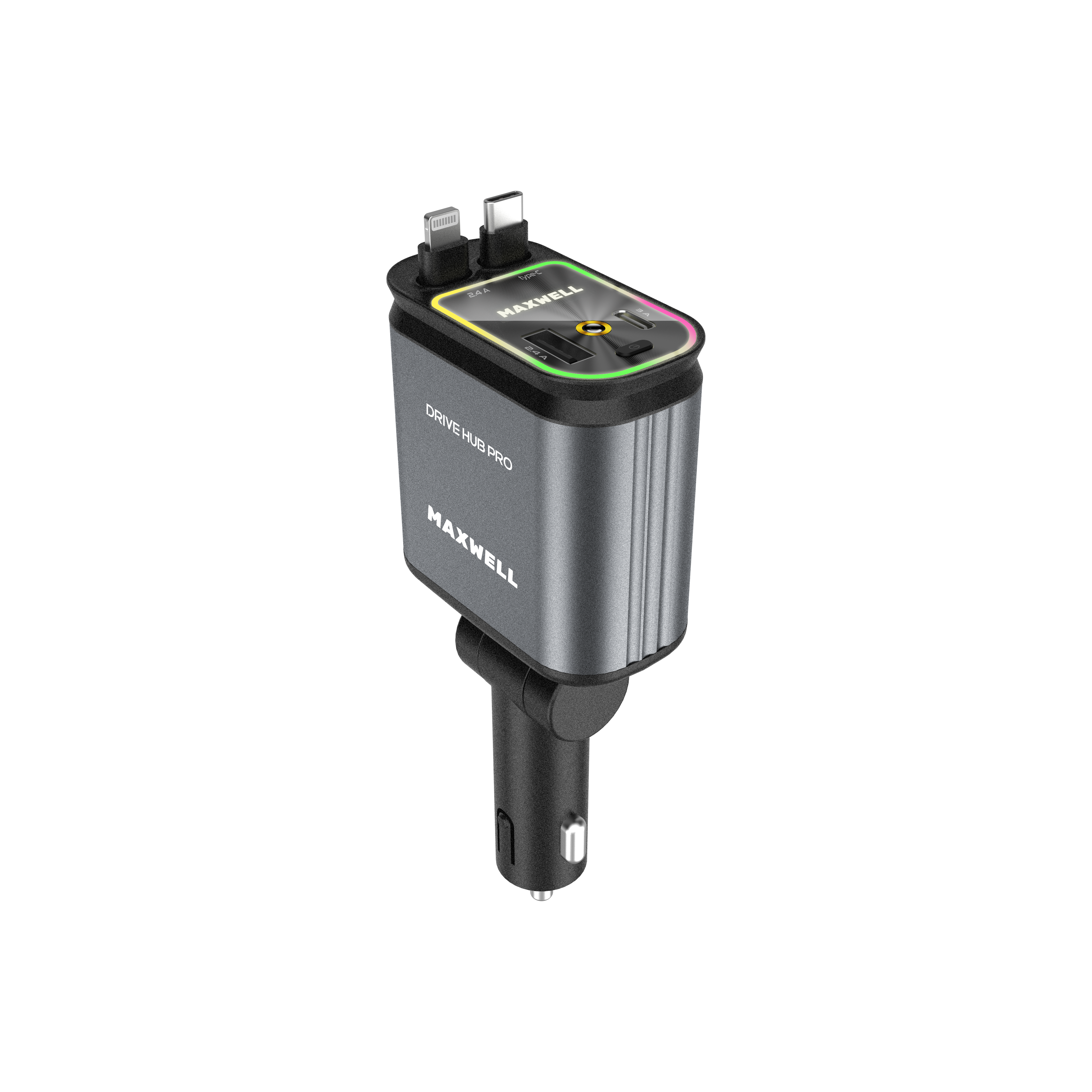 شارژر فندکی 120 وات با دو پورت و دو کابل داخلی مدل DRIVE HUB PRO