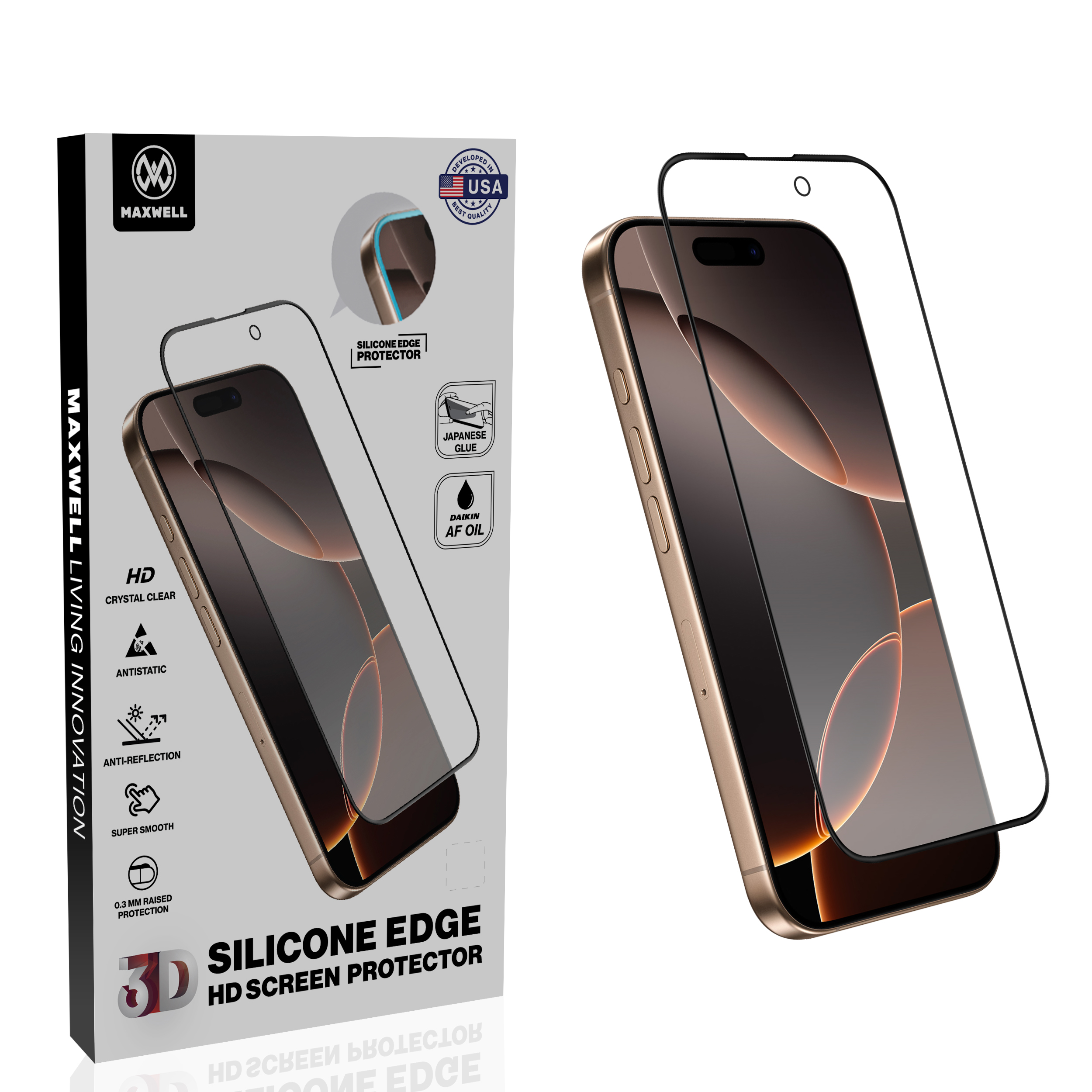 محافظ شیشه ای صفحه آنتی رفلکتیو شفاف مدل SILICON EDGE برای آیفون 16 پرو و 16 پرو مکس